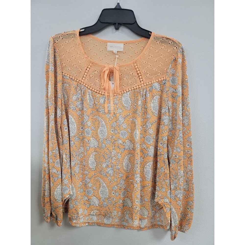 Melloday Womens Paisley Blouse With Crochet Yoke & Tie Neck Small